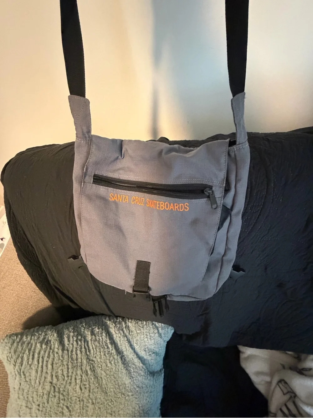 Santa Cruz Skateboards Gray Crossbody Messenger with Black Strap and Orange Logo